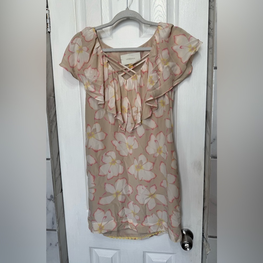 Anthropologie Leifsdottir Silk Cream Floral Ruffle Shift Dress Women’s Size 2